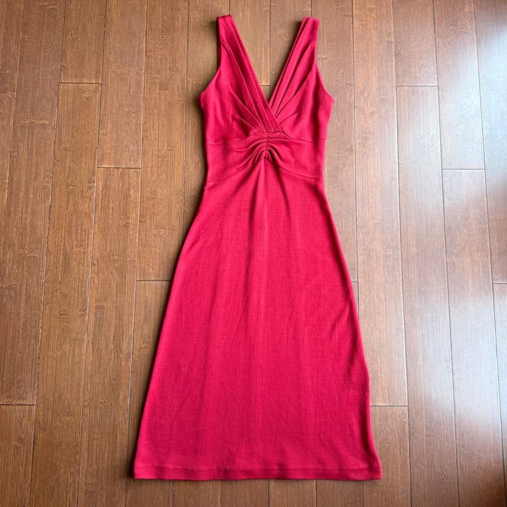 Red Banana Republic Midi Dress w/ Pleated Neckline‎ and Ruched Front